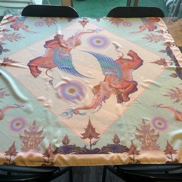 Limited Edition Moca Bangkok Heavenly Elephant Silk Scarf Thailand Lotus Pink - Picture 5 of 11